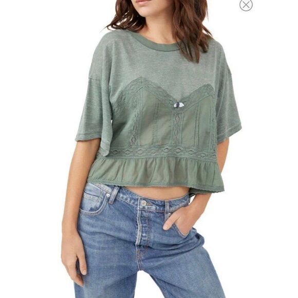 Free People Green Fall in Love Tee NWT XS Women Cottage Coquette Boho Peasant - Picture 1 of 6